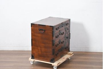和製アンティーク　上手物!!　三方欅(ケヤキ)材　前面玉杢無垢材　時代の流れを感じる風合いが魅力的な東北小箪笥(小タンス、和たんす、衣装タンス、収納箪笥、整理箪笥、時代箪笥、チェスト、引き出し)(R-074097)