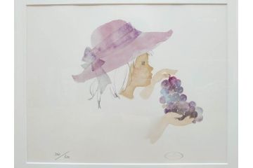 真作　いわさきちひろ　ぶどうを持つ少女　ちひろ美術館公認印　300/500　リトグラフ(石版画、額装、箱付き)(R-074105)