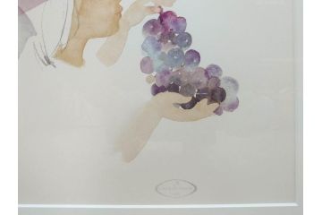 真作　いわさきちひろ　ぶどうを持つ少女　ちひろ美術館公認印　300/500　リトグラフ(石版画、額装、箱付き)(R-074105)