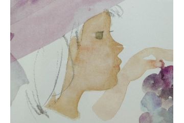 真作　いわさきちひろ　ぶどうを持つ少女　ちひろ美術館公認印　300/500　リトグラフ(石版画、額装、箱付き)(R-074105)