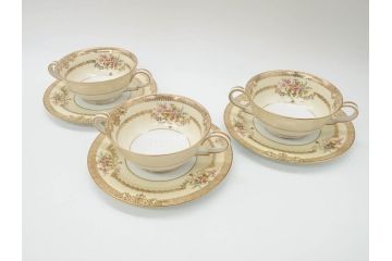 オールドノリタケ　NORITAKE　金彩　繊細なデザインがエレガントな雰囲気を醸し出すスープカップ&ソーサー3客セット(花、フラワー、C&S、洋食器)(R-074114)