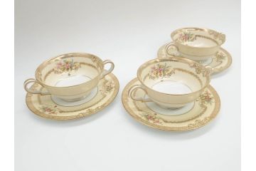 オールドノリタケ　NORITAKE　金彩　繊細なデザインがエレガントな雰囲気を醸し出すスープカップ&ソーサー3客セット(花、フラワー、C&S、洋食器)(R-074114)