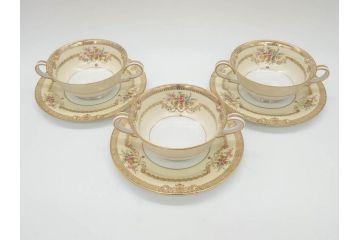 オールドノリタケ　NORITAKE　金彩　繊細なデザインがエレガントな雰囲気を醸し出すスープカップ&ソーサー3客セット(花、フラワー、C&S、洋食器)(R-074114)