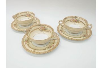 オールドノリタケ　NORITAKE　金彩　繊細なデザインがエレガントな雰囲気を醸し出すスープカップ&ソーサー3客セット(花、フラワー、C&S、洋食器)(R-074115)