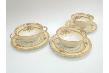 オールドノリタケ　NORITAKE　金彩　繊細なデザインがエレガントな雰囲気を醸し出すスープカップ&ソーサー3客セット(花、フラワー、C&S、洋食器)(R-074115)