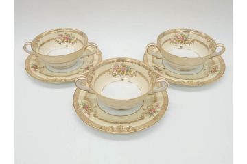オールドノリタケ　NORITAKE　金彩　繊細なデザインがエレガントな雰囲気を醸し出すスープカップ&ソーサー3客セット(花、フラワー、C&S、洋食器)(R-074115)