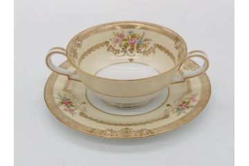 オールドノリタケ　NORITAKE　金彩　繊細なデザインがエレガントな雰囲気を醸し出すスープカップ&ソーサー3客セット(花、フラワー、C&S、洋食器)(R-074115)