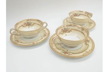オールドノリタケ　NORITAKE　金彩　繊細なデザインがエレガントな雰囲気を醸し出すスープカップ&ソーサー3客セット(花、フラワー、C&S、洋食器)(R-074116)