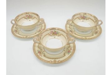 オールドノリタケ　NORITAKE　金彩　繊細なデザインがエレガントな雰囲気を醸し出すスープカップ&ソーサー3客セット(花、フラワー、C&S、洋食器)(R-074116)