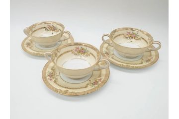 オールドノリタケ　NORITAKE　金彩　繊細なデザインがエレガントな雰囲気を醸し出すスープカップ&ソーサー3客セット(花、フラワー、C&S、洋食器)(R-074117)