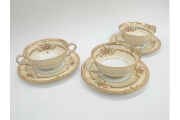 オールドノリタケ　NORITAKE　金彩　繊細なデザインがエレガントな雰囲気を醸し出すスープカップ&ソーサー3客セット(花、フラワー、C&S、洋食器)(R-074117)
