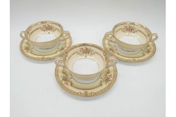 オールドノリタケ　NORITAKE　金彩　繊細なデザインがエレガントな雰囲気を醸し出すスープカップ&ソーサー3客セット(花、フラワー、C&S、洋食器)(R-074117)