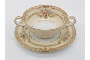オールドノリタケ　NORITAKE　金彩　繊細なデザインがエレガントな雰囲気を醸し出すスープカップ&ソーサー3客セット(花、フラワー、C&S、洋食器)(R-074117)