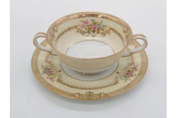 オールドノリタケ　NORITAKE　金彩　繊細なデザインがエレガントな雰囲気を醸し出すスープカップ&ソーサー3客セット(花、フラワー、C&S、洋食器)(R-074117)