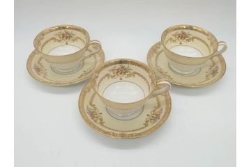 オールドノリタケ　NORITAKE　金彩　ティータイムが華やかになるティーカップ&ソーサー3客セット(花、フラワー、C&S、洋食器)(R-074119)