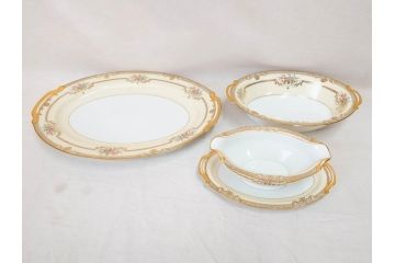 オールドノリタケ　NORITAKE　金彩　幅広いシーンで活躍してくれるオーバルプレート&グレービーボート&ボウルセット(花、フラワー、皿、洋食器、ソースボート、グレイビー)(R-074127)