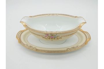 オールドノリタケ　NORITAKE　金彩　幅広いシーンで活躍してくれるオーバルプレート&グレービーボート&ボウルセット(花、フラワー、皿、洋食器、ソースボート、グレイビー)(R-074127)