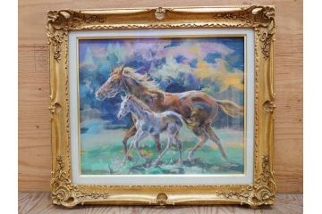 真作　赤石文雄　「悠」　8号　躍動感のある色使いに思わず見惚れてしまうパステル画(馬の親子、動物、ウマ、うま、絵画、額装、箱付き)(R-074130)