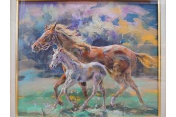 真作　赤石文雄　「悠」　8号　躍動感のある色使いに思わず見惚れてしまうパステル画(馬の親子、動物、ウマ、うま、絵画、額装、箱付き)(R-074130)
