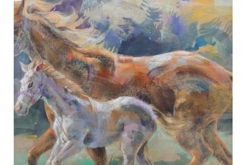 真作　赤石文雄　「悠」　8号　躍動感のある色使いに思わず見惚れてしまうパステル画(馬の親子、動物、ウマ、うま、絵画、額装、箱付き)(R-074130)