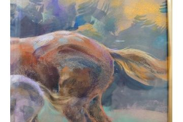 真作　赤石文雄　「悠」　8号　躍動感のある色使いに思わず見惚れてしまうパステル画(馬の親子、動物、ウマ、うま、絵画、額装、箱付き)(R-074130)