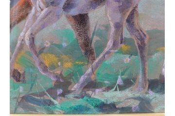 真作　赤石文雄　「悠」　8号　躍動感のある色使いに思わず見惚れてしまうパステル画(馬の親子、動物、ウマ、うま、絵画、額装、箱付き)(R-074130)