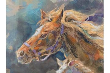 真作　赤石文雄　「悠」　8号　躍動感のある色使いに思わず見惚れてしまうパステル画(馬の親子、動物、ウマ、うま、絵画、額装、箱付き)(R-074130)