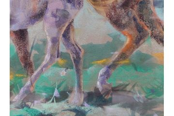 真作　赤石文雄　「悠」　8号　躍動感のある色使いに思わず見惚れてしまうパステル画(馬の親子、動物、ウマ、うま、絵画、額装、箱付き)(R-074130)