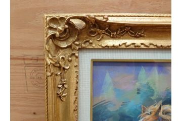 真作　赤石文雄　「悠」　8号　躍動感のある色使いに思わず見惚れてしまうパステル画(馬の親子、動物、ウマ、うま、絵画、額装、箱付き)(R-074130)