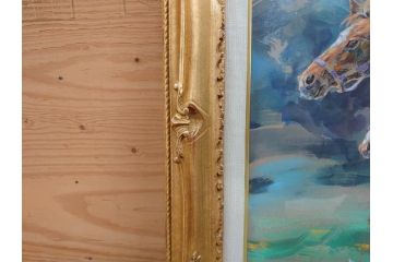 真作　赤石文雄　「悠」　8号　躍動感のある色使いに思わず見惚れてしまうパステル画(馬の親子、動物、ウマ、うま、絵画、額装、箱付き)(R-074130)