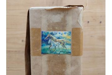 真作　赤石文雄　「悠」　8号　躍動感のある色使いに思わず見惚れてしまうパステル画(馬の親子、動物、ウマ、うま、絵画、額装、箱付き)(R-074130)