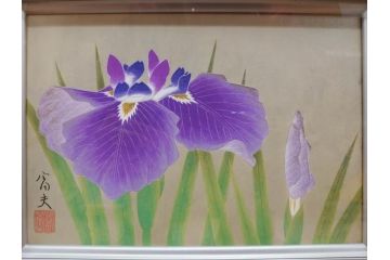 【真作】 京都　日本画家　井上富夫　「花菖蒲」(共シール、絵画、額装、箱付き)(R-074131)
