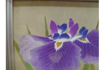 【真作】 京都　日本画家　井上富夫　「花菖蒲」(共シール、絵画、額装、箱付き)(R-074131)