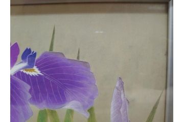 【真作】 京都　日本画家　井上富夫　「花菖蒲」(共シール、絵画、額装、箱付き)(R-074131)