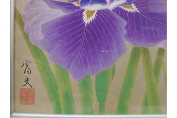 【真作】 京都　日本画家　井上富夫　「花菖蒲」(共シール、絵画、額装、箱付き)(R-074131)