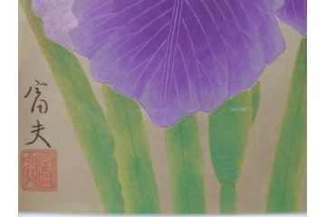 【真作】 京都　日本画家　井上富夫　「花菖蒲」(共シール、絵画、額装、箱付き)(R-074131)