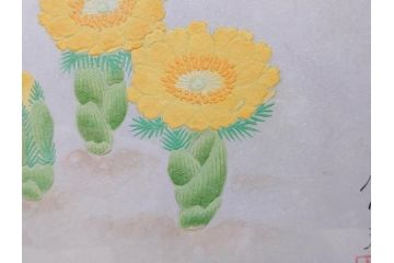真作　京都　日本画家　井上富夫　「福寿草」(共シール、絵画、額装、箱付き)(R-074132)