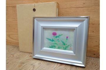 真作　京都　日本画家　井上富夫　「薊」(アザミ、共シール、絵画、額装、箱付き)(R-074133)