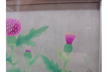真作　京都　日本画家　井上富夫　「薊」(アザミ、共シール、絵画、額装、箱付き)(R-074133)