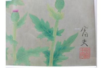 真作　京都　日本画家　井上富夫　「薊」(アザミ、共シール、絵画、額装、箱付き)(R-074133)