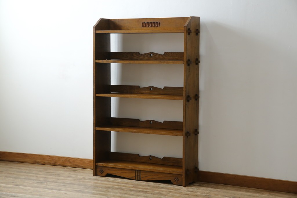 和製アンティーク　カバ材　ナラ材　彫刻と象嵌入り!　楔式のレトロな本棚　(R-074139)