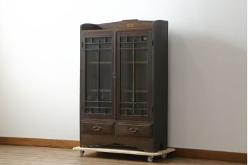 和製アンティーク　上手物!!　古い栓材の象嵌入り本箱(ブックケース、サイドキャビネット、収納棚、戸棚)(R-074142)