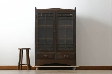 和製アンティーク　上手物!!　古い栓材の象嵌入り本箱(ブックケース、サイドキャビネット、収納棚、戸棚)(R-074142)