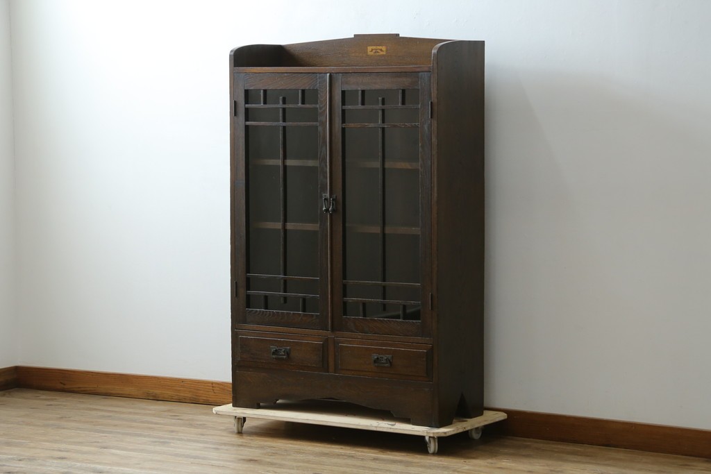 和製アンティーク　上手物!!　栓材　象嵌入り　扉のデザインが目を引く本箱　(R-074142)