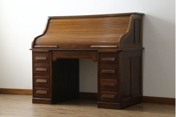 イギリスアンティーク　オーク材　たっぷりな収納力が魅力的!! シックな佇まいのロールトップデスク(両袖机、ニーホールデスク、ワークデスク、在宅用、在宅ワーク、英国)(R-074149)
