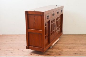 中古　ニレ材　明るく艶のある木の色味が美しい水屋箪笥サイドボード(食器棚、戸棚、収納棚、サイドキャビネット)(R-074165)