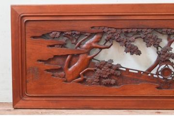 アンティーク建具　激レア　希少!!　最高級　山本博作　漆塗り　楠(クス)材　紅葉・宝珠　緻密で豪華な太鼓(だだいこ・楽太鼓)の彫りに目を奪われる彫刻欄間1枚(明り取り、明かり取り、在銘有り)(R-074167)