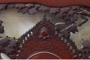 アンティーク建具　激レア　希少!!　最高級　山本博作　漆塗り　楠(クス)材　紅葉・宝珠　緻密で豪華な太鼓(だだいこ・楽太鼓)の彫りに目を奪われる彫刻欄間1枚(明り取り、明かり取り、在銘有り)(R-074167)