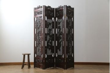 アジアンビンテージ　美品　花梨(カリン)材　迫力ある彫刻のデザインが目を惹く四連衝立て(パーテーション、衝い立て、つい立て、仕切り、ヴィンテージ)(定価約48万円)(R-074196)
