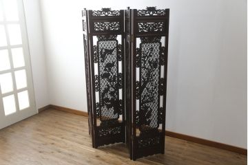 アジアンビンテージ　美品　花梨(カリン)材　迫力ある彫刻のデザインが目を惹く四連衝立て(パーテーション、衝い立て、つい立て、仕切り、ヴィンテージ)(定価約48万円)(R-074196)